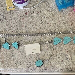 Silver Chain Belt with Turquoise Leaf Charms 35”-42” Adj.Waist